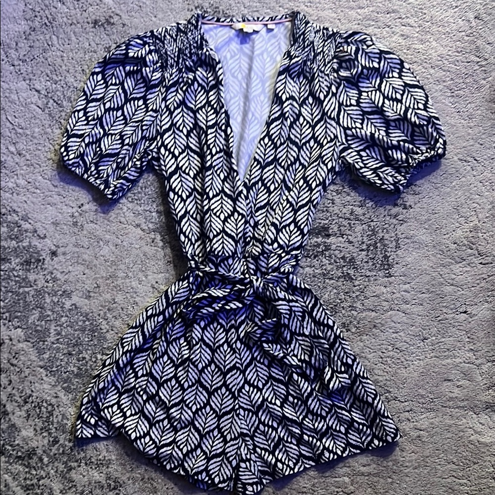 Blue and White Puff Sleeve Plunge romper